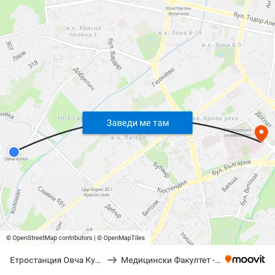 Ⓜ️ Метростанция Овча Купел / Ovcha Kupel Metro Station  (0352) to Медицински Факултет - Предклиничен Университетски Център map
