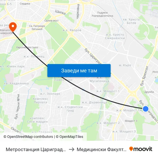 Ⓜ️ Метростанция Цариградско Шосе / Tsarigradsko Shosse Metro Station (1017) to Медицински Факултет - Предклиничен Университетски Център map