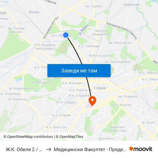 Ж.К. Обеля 2 / Obelya 2 Qr. (0678) to Медицински Факултет - Предклиничен Университетски Център map