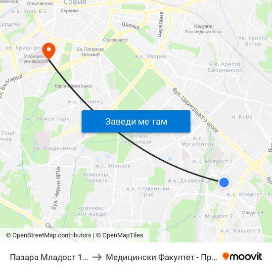 Пазара Младост 1 / Mladost 1 Market (0969) to Медицински Факултет - Предклиничен Университетски Център map