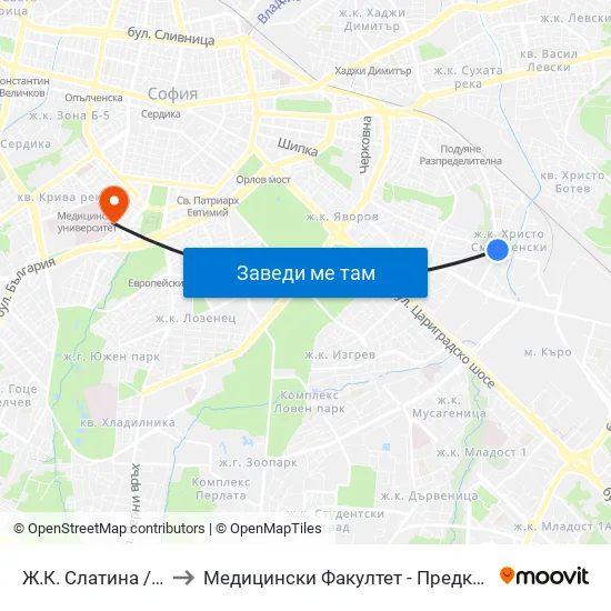 Ж.К. Слатина / Slatina Qr. (0688) to Медицински Факултет - Предклиничен Университетски Център map