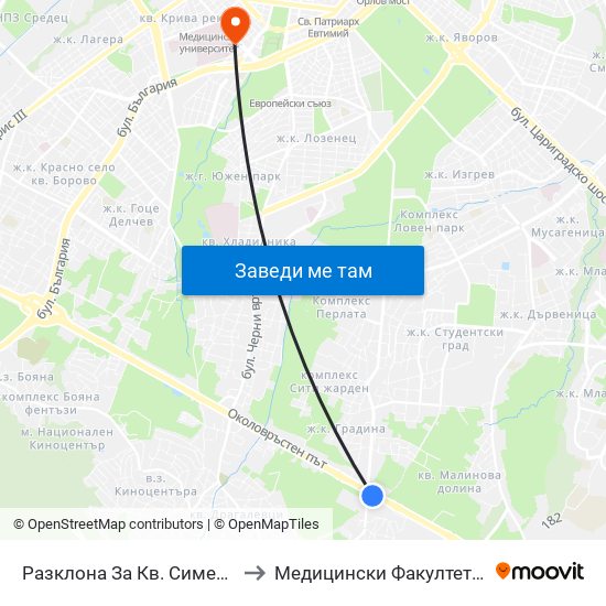 Разклона За Кв. Симеоново / Fork Road To Simeonovo Qr. (1459) to Медицински Факултет - Предклиничен Университетски Център map