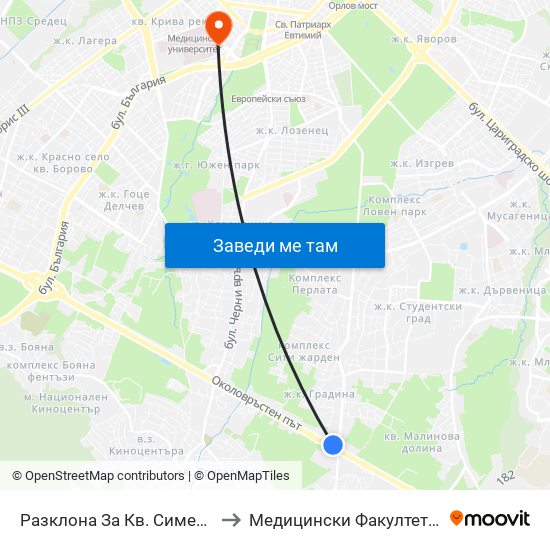 Разклона За Кв. Симеоново / Fork Road To Simeonovo Qr. (1458) to Медицински Факултет - Предклиничен Университетски Център map