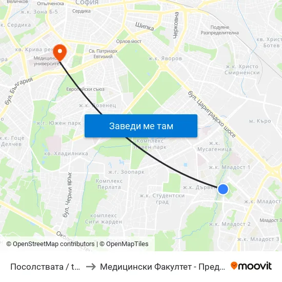 Посолствата / the Embassies (1400) to Медицински Факултет - Предклиничен Университетски Център map