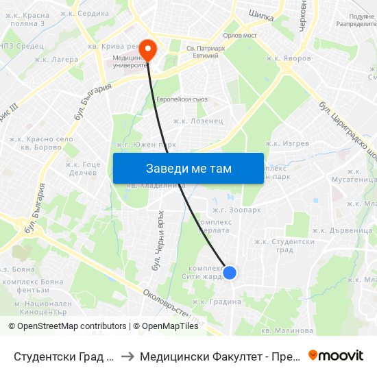 Студентски Град / Students' Town (2381) to Медицински Факултет - Предклиничен Университетски Център map