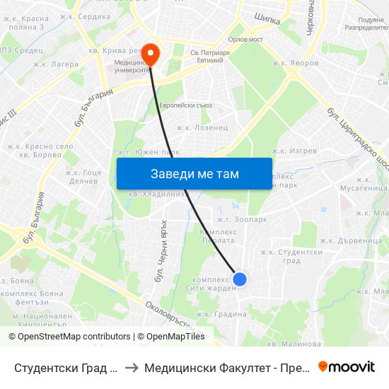 Студентски Град / Students' Town (2382) to Медицински Факултет - Предклиничен Университетски Център map