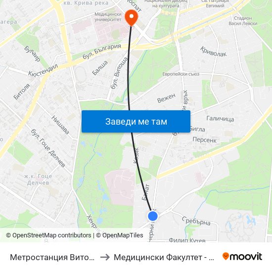 Метростанция Витоша / Vitosha Metro Station (2654) to Медицински Факултет - Предклиничен Университетски Център map