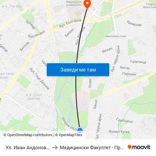 Ул. Иван Андонов / Ivan Andonov St. (1800) to Медицински Факултет - Предклиничен Университетски Център map