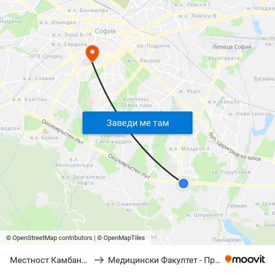 Местност Камбаните / Kambanite Area (2649) to Медицински Факултет - Предклиничен Университетски Център map