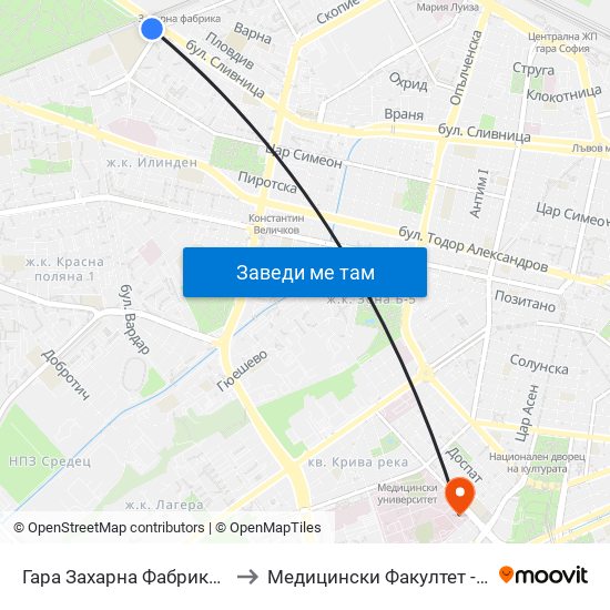 Гара Захарна Фабрика / Zaharna Fabrika Train Station (0622) to Медицински Факултет - Предклиничен Университетски Център map