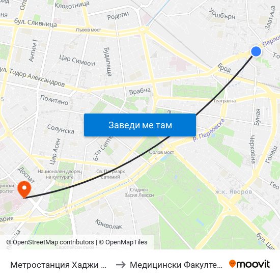 Метростанция Хаджи Димитър / Hadzhi Dimitar Metro Station (0303) to Медицински Факултет - Предклиничен Университетски Център map