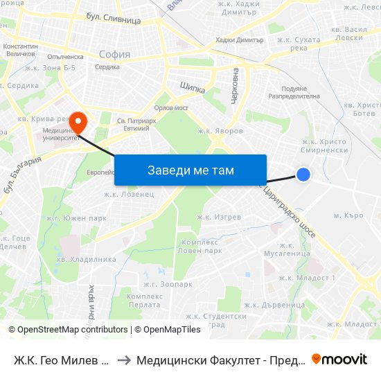 Ж.К. Гео Милев / Geo Milev Qr. (0595) to Медицински Факултет - Предклиничен Университетски Център map