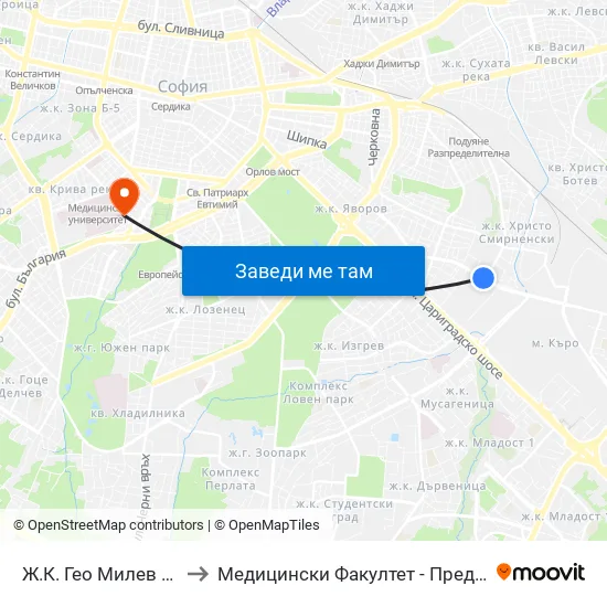 🚌🎓 Ж.К. Гео Милев / Geo Milev Qr. (0595) to Медицински Факултет - Предклиничен Университетски Център map