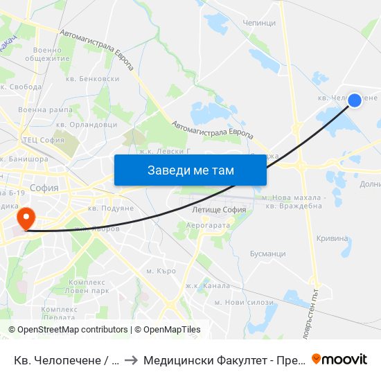Кв. Челопечене / Chelopechene Qr. (1561) to Медицински Факултет - Предклиничен Университетски Център map