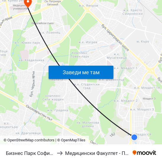 Бизнес Парк София / Sofia Business Park (2390) to Медицински Факултет - Предклиничен Университетски Център map