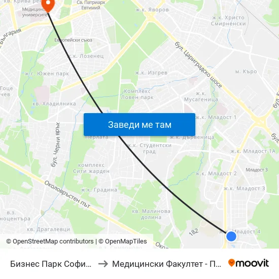 Бизнес Парк София / Sofia Business Park (2390) to Медицински Факултет - Предклиничен Университетски Център map