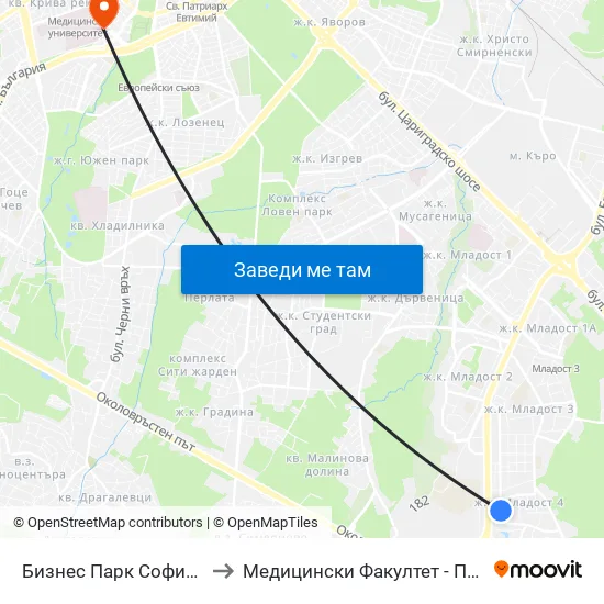 Бизнес Парк София / Sofia Business Park (2391) to Медицински Факултет - Предклиничен Университетски Център map