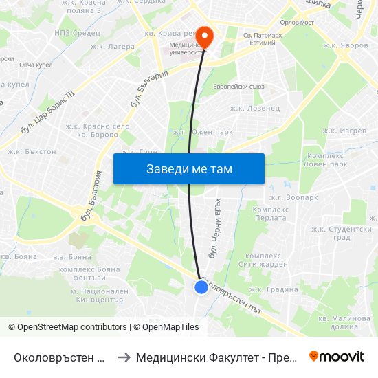 Околовръстен Път / Ring Road (1177) to Медицински Факултет - Предклиничен Университетски Център map