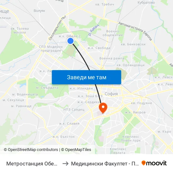 Ⓜ️ Метростанция Обеля / Obelya Metro Station (0060) to Медицински Факултет - Предклиничен Университетски Център map