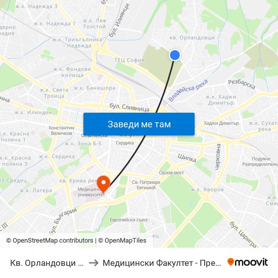 Кв. Орландовци / Orlandovtsi Qr. (0883) to Медицински Факултет - Предклиничен Университетски Център map