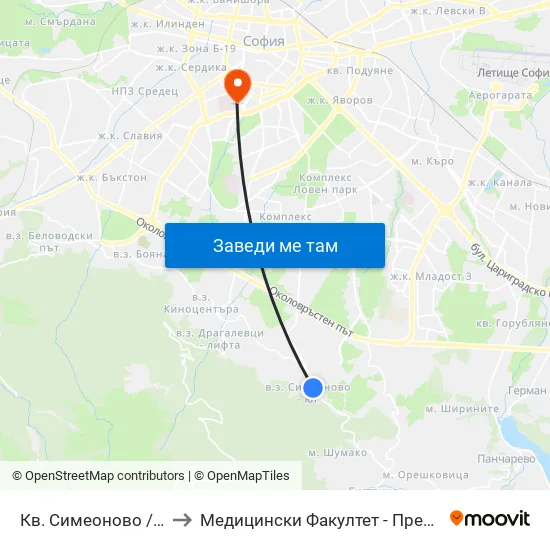 Кв. Симеоново / Simeonovo Qr. (0899) to Медицински Факултет - Предклиничен Университетски Център map