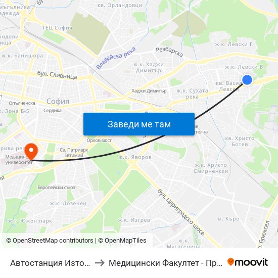 Автостанция Изток / Iztok Bus Station (2427) to Медицински Факултет - Предклиничен Университетски Център map