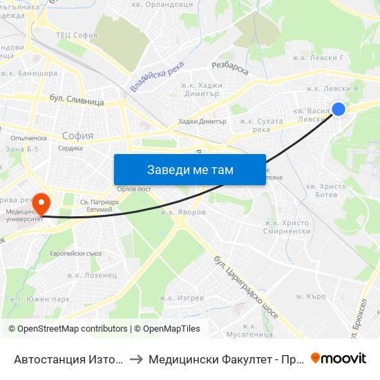 Автостанция Изток / Iztok Bus Station (0056) to Медицински Факултет - Предклиничен Университетски Център map