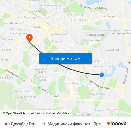 Ап Дружба / Druzhba Bus Depot (0077) to Медицински Факултет - Предклиничен Университетски Център map
