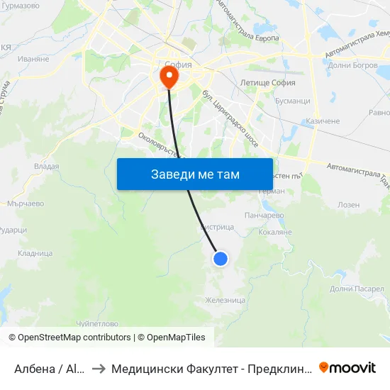 Албена / Albena (0071) to Медицински Факултет - Предклиничен Университетски Център map