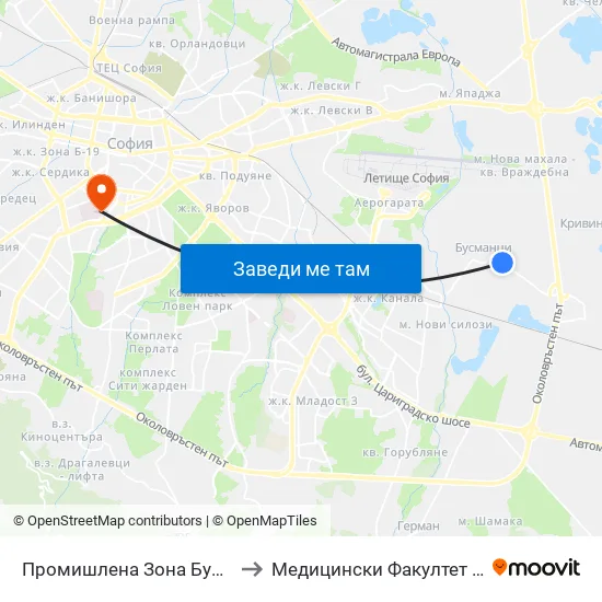 Промишлена Зона Бусманци / Industrial Zone Busmantsi (1641) to Медицински Факултет - Предклиничен Университетски Център map