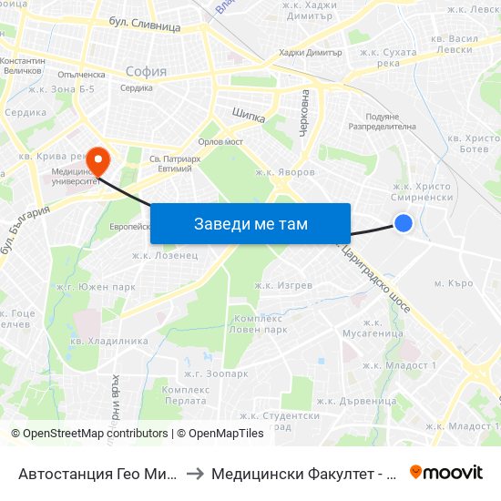 Автостанция Гео Милев / Geo Milev Bus Station (0052) to Медицински Факултет - Предклиничен Университетски Център map