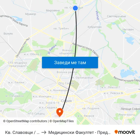 Кв. Славовци / Slavovtsi Qr. (0904) to Медицински Факултет - Предклиничен Университетски Център map