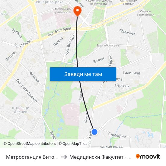 Метростанция Витоша / Vitosha Metro Station (0909) to Медицински Факултет - Предклиничен Университетски Център map