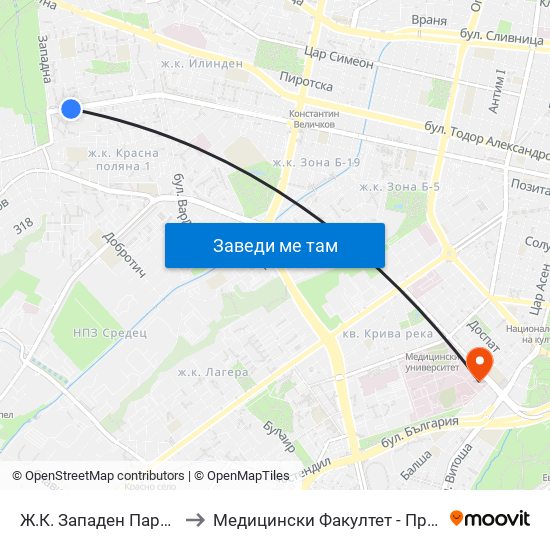 Ж.К. Западен Парк / Zapaden Park Qr. (0619) to Медицински Факултет - Предклиничен Университетски Център map