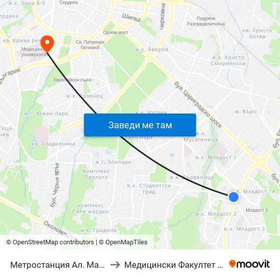 Метростанция Ал. Малинов / Al. Malinov Metro Station (0233) to Медицински Факултет - Предклиничен Университетски Център map