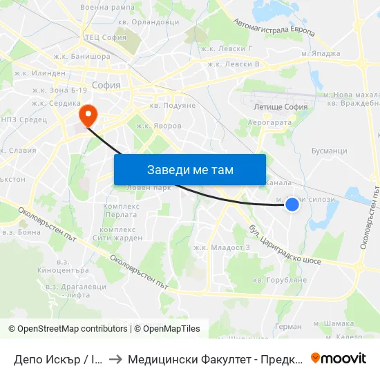 Депо Искър / Iskar Depot (0518) to Медицински Факултет - Предклиничен Университетски Център map