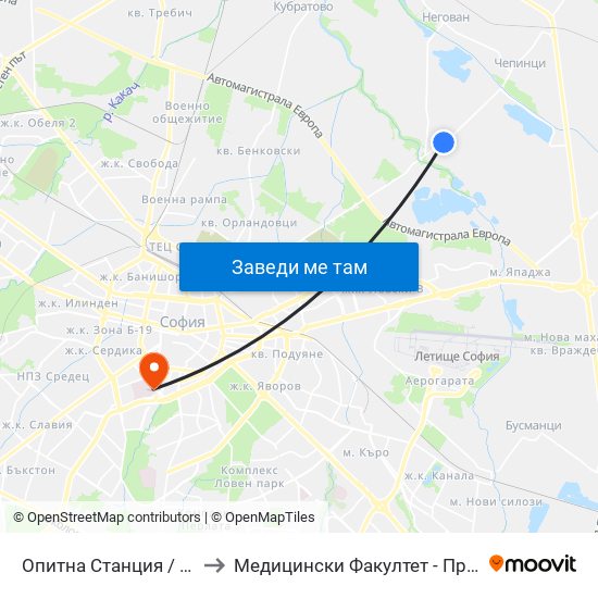 Опитна Станция / Experimental Station (1206) to Медицински Факултет - Предклиничен Университетски Център map