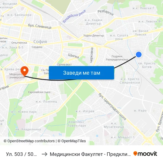 Ул. 503 / 503-Rd St. (1053) to Медицински Факултет - Предклиничен Университетски Център map