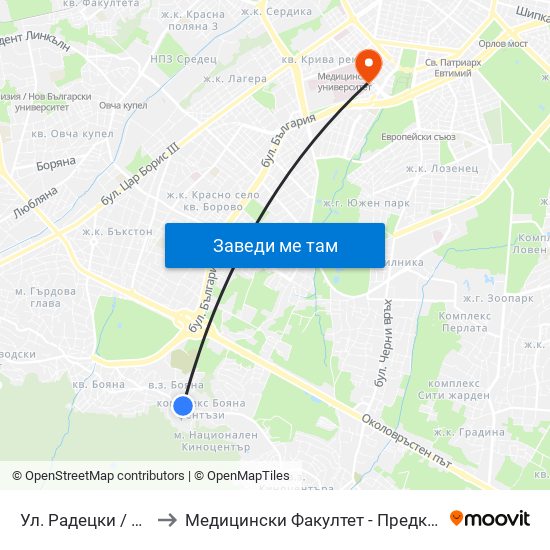 Ул. Радецки / Radetski St. (2153) to Медицински Факултет - Предклиничен Университетски Център map