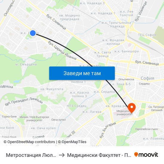 Метростанция Люлин / Lyulin Metro Station (1056) to Медицински Факултет - Предклиничен Университетски Център map