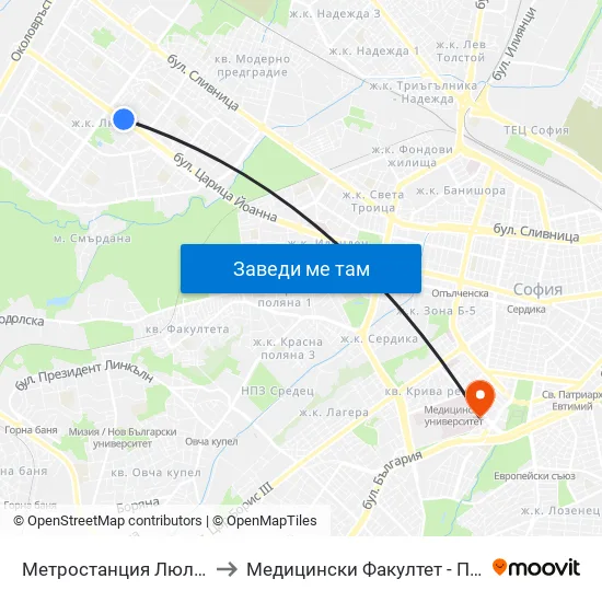 Ⓜ️ Метростанция Люлин / Lyulin Metro Station (1057) to Медицински Факултет - Предклиничен Университетски Център map
