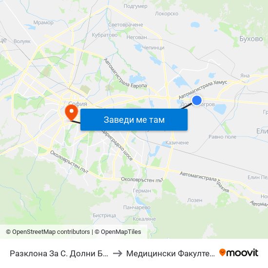 Разклона За С. Долни Богров / Fork Road To Dolni Bogrov Village (2512) to Медицински Факултет - Предклиничен Университетски Център map