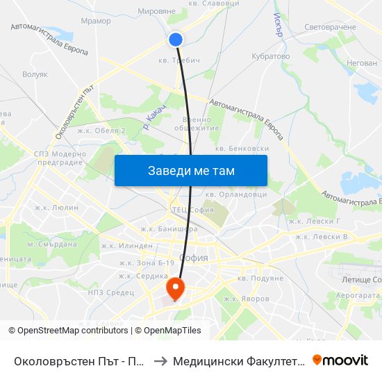 Околовръстен Път - По Желание / Ring Road - on Demand (1186) to Медицински Факултет - Предклиничен Университетски Център map