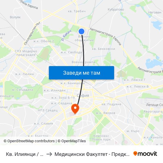Кв. Илиянци / Iliyantsi Qr. (0847) to Медицински Факултет - Предклиничен Университетски Център map