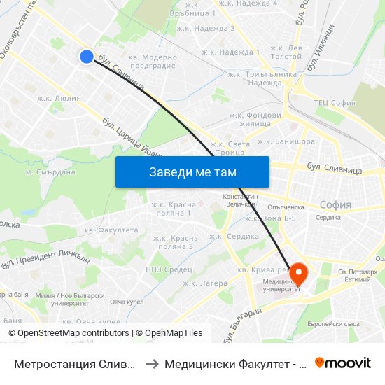 Метростанция Сливница / Slivnitsa Metro Station (1063) to Медицински Факултет - Предклиничен Университетски Център map