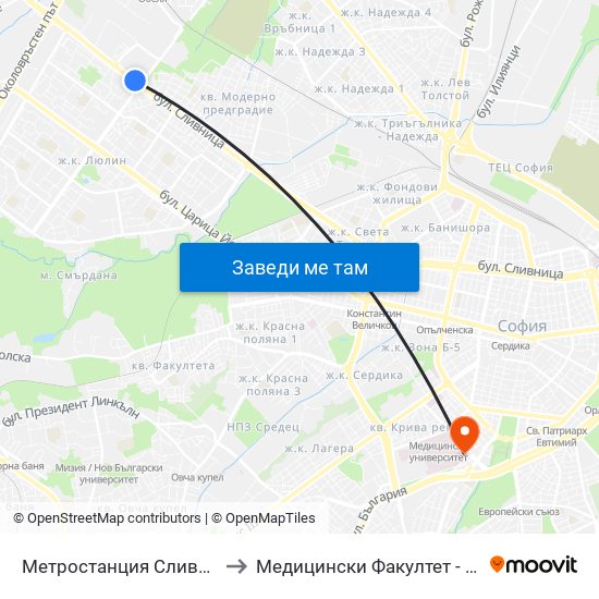 Метростанция Сливница / Slivnitsa Metro Station (1059) to Медицински Факултет - Предклиничен Университетски Център map