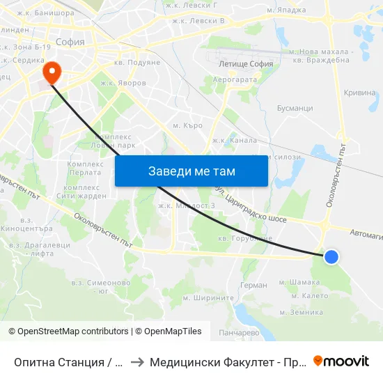 Опитна Станция / Experimental Station (1202) to Медицински Факултет - Предклиничен Университетски Център map