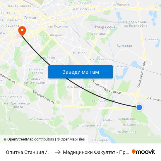Опитна Станция / Experimental Station (1207) to Медицински Факултет - Предклиничен Университетски Център map
