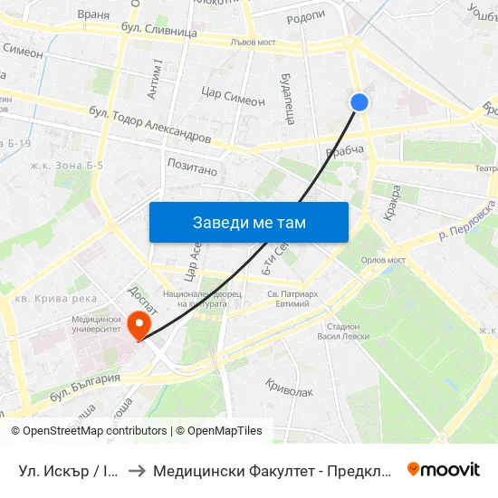 Ул. Искър / Iskar St. (1964) to Медицински Факултет - Предклиничен Университетски Център map
