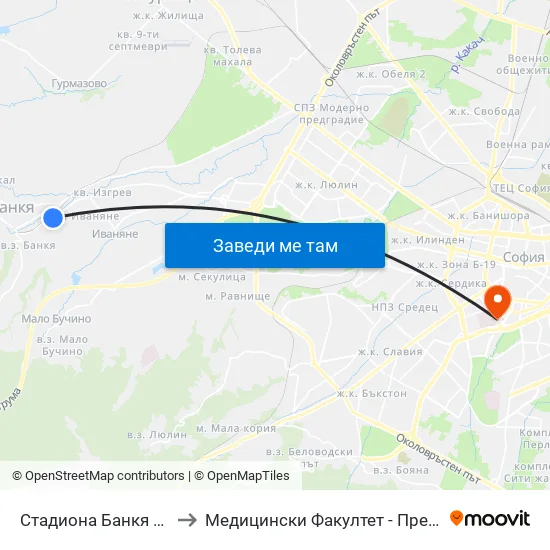 Стадиона Банкя / Bankya Stadium (1620) to Медицински Факултет - Предклиничен Университетски Център map